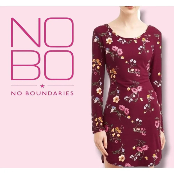 No Boundaries Juniors Burgundy Floral Long Sleeve Dress Small - Picture 7 of 8